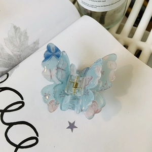 Pince à cheveux papillon en acrylique avec motifs floraux bleu clair pour femmes