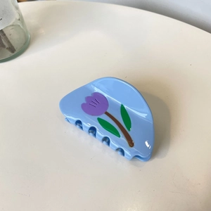 Light blue acetate hair claw clip with purple tulip floral design in French style