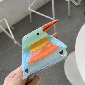 Artistic kingfisher shaped acetate hair claw clip with colorful bird design for women