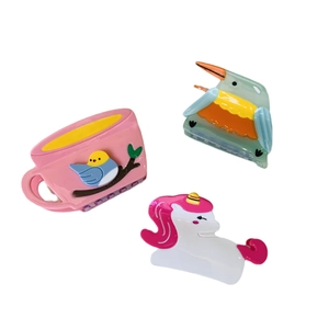 Chic acetate hair claw clips set with cute bird, teacup, and unicorn designs