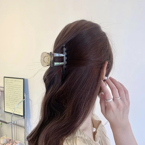 Pince à cheveux minimaliste marron foncé translucide portée en coiffure demi-queue