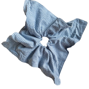 Oversized blue and white gingham hair scrunchie in soft cotton fabric for women