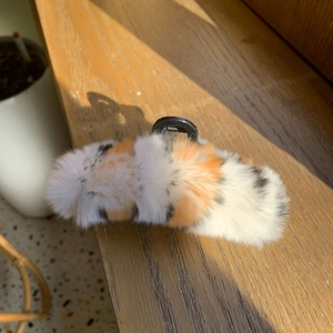 Pince à cheveux en peluche imitation fourrure de lapin motif calicot sur un rebord de bois