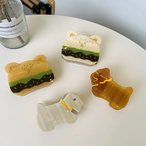Pinces à Cheveux Mignonnes en Acétate Ours Burger Chien Biscuit pour Femmes Pinces à Cheveux Forme Animale Dessin Animé Doux