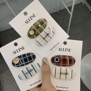 Pinces à Cheveux pour Femmes Vintage Preppy Design Plaid Rayure Décoration de Bouton Clips BB en Acrylique Accessoires de Cheveux Rétro