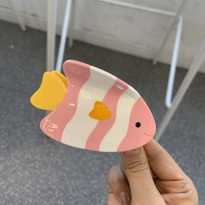 Clownfish acetate hair claw clip with pink white stripes and yellow fins for women