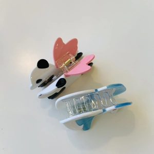 Cute panda and blue striped acetate hair claw clips set for women on white background