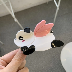 Cute panda hair claw clip with pink wings made of glossy acetate for women and girls
