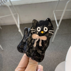Pince à cheveux chat noir mignon en acétate avec nœud rose pour coiffure féminine