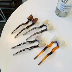 Pic à Cheveux Coréen en Acétate avec Nœud Élégante Fourche à Cheveux en Forme de U Marbrée pour Femme Accessoire de Coiffure Rétro