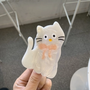 Pince à cheveux chat mignon en acétate blanc marbré avec une décoration de nœud rose doux