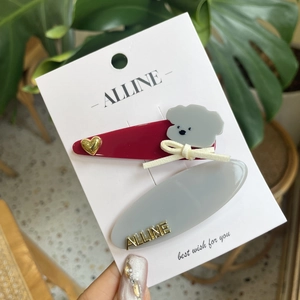 Cute bear hair clip set with red heart and silver letter pins for girls' hair styling