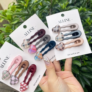 Korean Style Sweet Cute Plaid Heart Wavy Side Hair Clips Set Acrylic Alloy Heart Pattern Hair Pins For Women Girls Hair Accessories