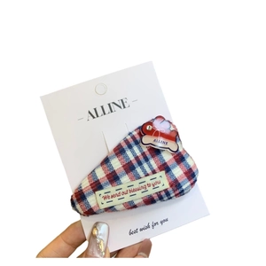 Sweet plaid fabric hair clip with red rabbit resin charm and blessing message tag