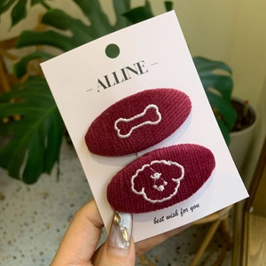 Knitted wine red hair clips with white dog and bone embroidery for girls and women