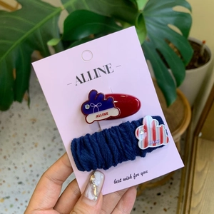 Sweet knitted rabbit bow hair clip and navy blue scrunchie set for girls hair accessories