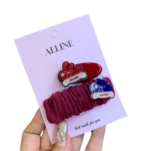 Sweet rabbit bow hair clip set with red resin and fabric clips for girls hair styling