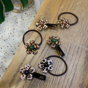Handmade Leopard Print Flower Hair Clip And Hair Tie Set With Rhinestones Resin Floral Hair Accessories For Women