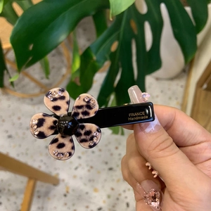 Leopard print flower hair clip with rhinestones and France Handmade gold branding