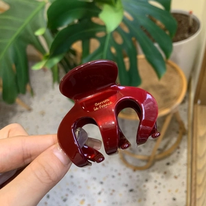 Dettaglio molletta per capelli bordeaux in acetato con testo Barrette La France oro