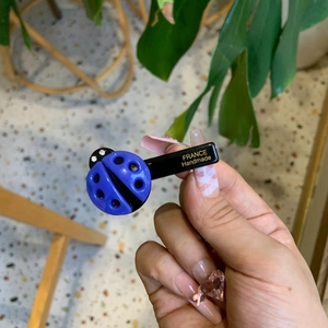 Detailed shot of ladybug hair clip with golden France Handmade logo on black base
