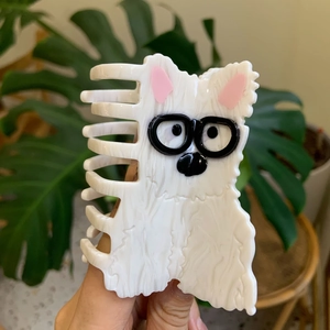 Cute white Westie dog hair claw clip made of marble texture acetate with glasses