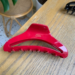 Elegant large red cutout hair claw clip with golden France Handmade text on wood