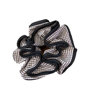 Classic brown and white gingham scrunchie with black piping edges for women