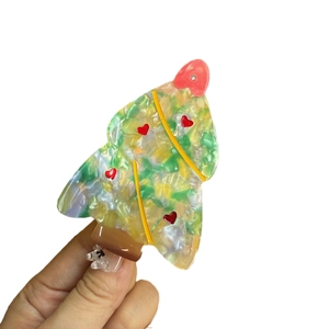 Handheld Christmas tree acetate hair claw clip with colorful marble texture and red hearts