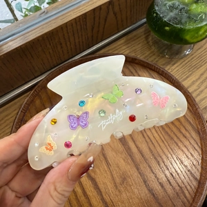 Pince à cheveux papillon en acétate blanc nacré avec strass colorés pour femmes