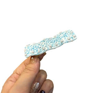 Handmade blue resin hair clip with white pearls and gold metal duckbill clamp for women