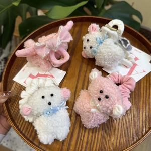 Plush Dog Hair Claw Clip With Bow Knot Faux Fur Hair Ties For Girls Sweet Animal Shape Shark Clip Accessory Jewelry