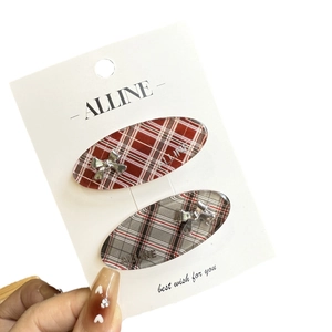 British style red plaid duckbill hair clips with silver metal bows and crystal accents