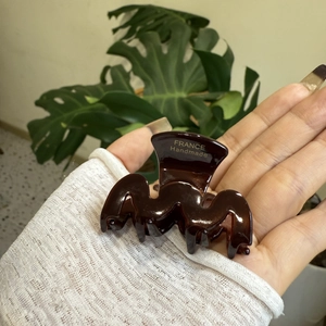 Détail de la pince à cheveux en acétate marron avec inscription dorée France Handmade