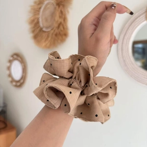 Elegant khaki polka dot oversized scrunchie with layered fabric pleats for women