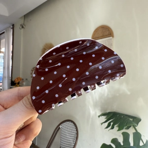 Polka dot half-round shark hair claw clip in coffee brown for women hairstyle
