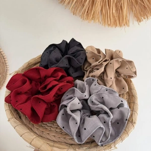Vintage Polka Dot Scrunchies For Women Double Layer Cotton Linen Fabric Large Elastic Hair Ties Elegant Pleated Hair Accessories