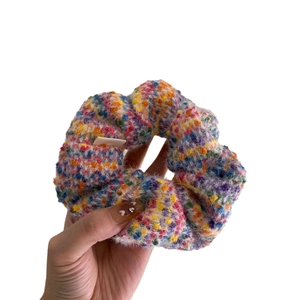 Colorful plush knitted hair scrunchie with multi-color candy dot yarn and fuzzy texture