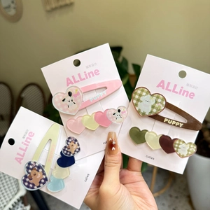 Pinces à Cheveux en Acrylique Chiot de Dessin Animé et Cœur Style Coréen Doux Motif à Carreaux Gingham pour Femmes Filles
