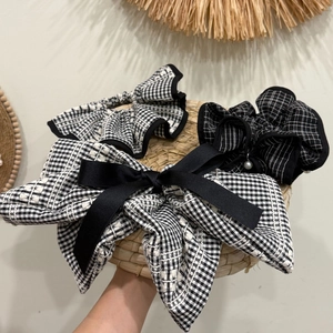Chouchous Gingham Rétro Français Avec Nœud Fausse Künstliche Perle Élastique en Tissu Grands Élastiques pour Cheveux Femme Accessoires Élégants
