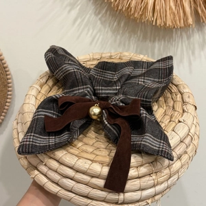 British style plaid hair scrunchie with velvet bow and golden metal ball detail