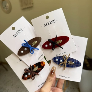 Sweet Bow Hair Clip With Faux Artificial Pearl Alloy Tag Plaid Fabric Leopard Acetate Duckbill Side Clip For Women Girls Daily Jewelry