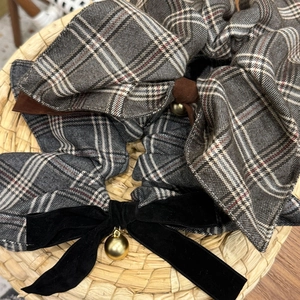 British style plaid scrunchie with a velvet bow and gold metal bell accent