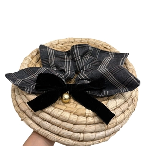 British style plaid scrunchie with black velvet bow and golden metal ball charm