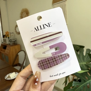 Three-piece set of purple plaid and striped hair clips on elegant brand display card