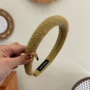 Serre-tête en peluche kaki vintage français avec étiquette faite main et design épais
