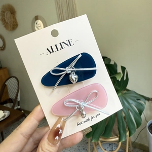 Pink and blue resin drop hair clips with silver bows and heart pendants set