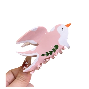 Pink acetate swallow-shaped hair claw clip with green leaf patterns for women