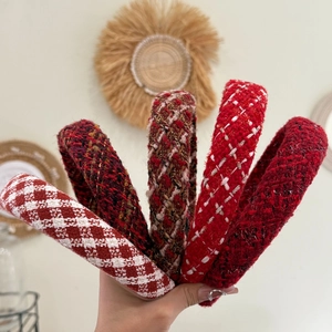 Luxury Red Christmas Tweed Headband For Women Vintage Plaid Checkerboard Hair Band Metallic Satin Winter Hair Accessories