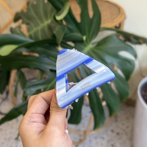 Blue and white striped triangle shark hair clip with handmade gold lettering